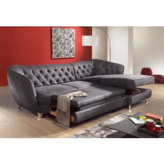   Chesterfield Retro L-alakú ágyazható sarokkanapé - jobbos - nyitott