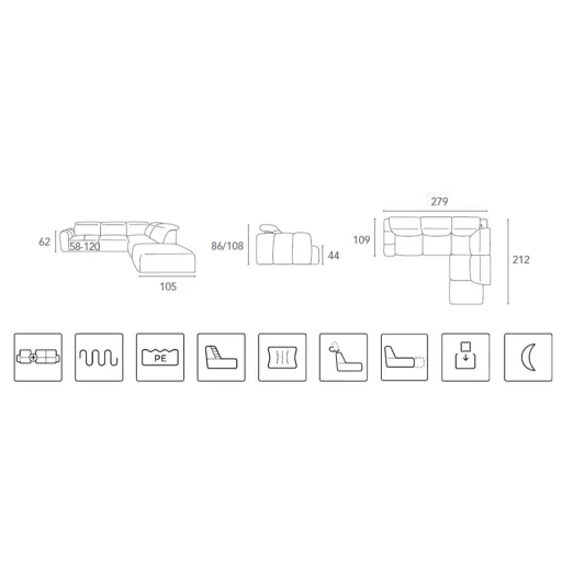 Coriso L-alakú sarokkanapé - balos - zárt - 279 cm X 212 cm - elektromosan mélyíthető ülőfelülettel 